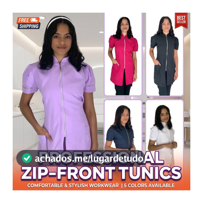 Jaleco Feminino Manga Curta Oxford Acinturado Gola Padre Com Zíper Dourado