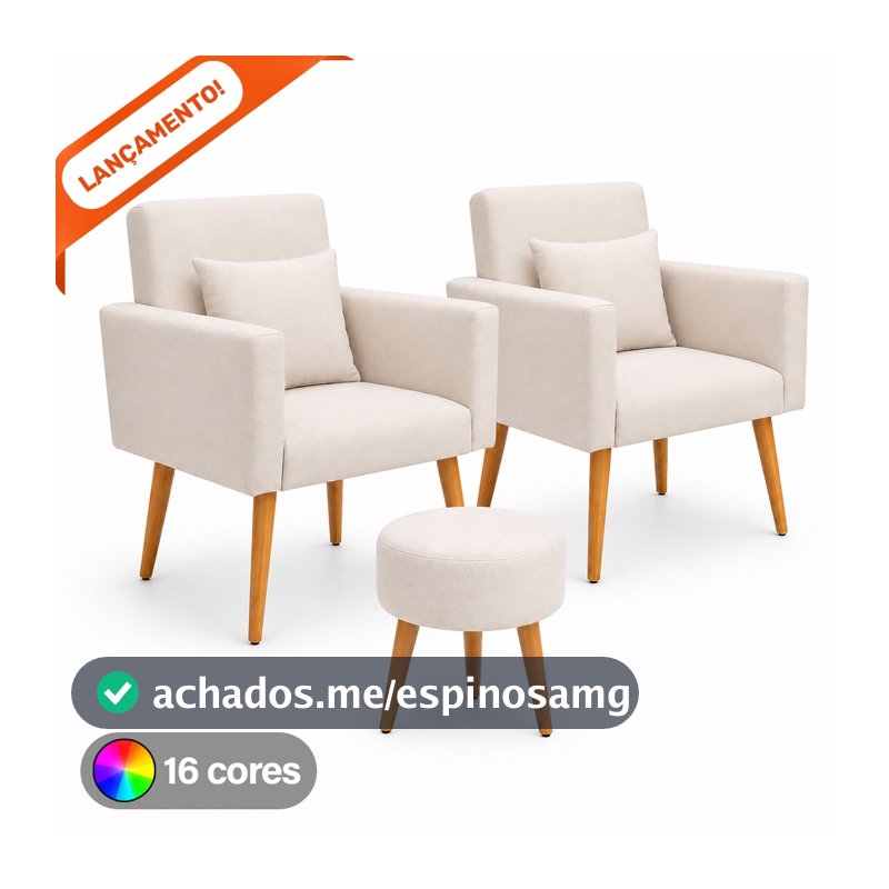 Kit 02 Poltronas para Sala Decorativa Nina com Almofada e Puff Redondo Pés Palito Suede Aninha Decor