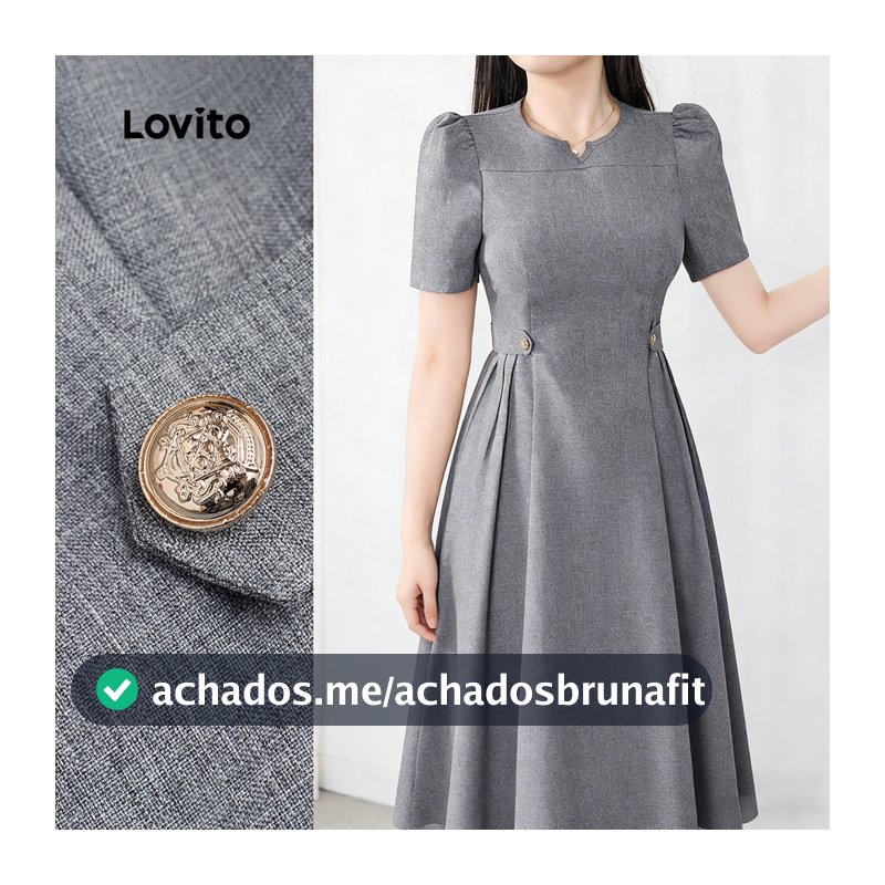 Lovito Plissada Elegante Vestido Pregas Fivela de Metal Corte Outono/verão Cinza Vestido para Mulheres L177ED396