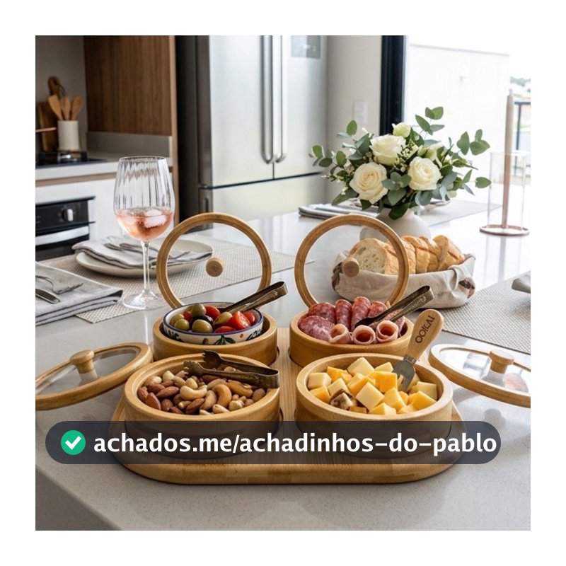 Petisqueira com 2 ,3 ou 4 Potes Tampa de Acrílico e Bandeja para Servir em Bambu Natural Pronta Entrega