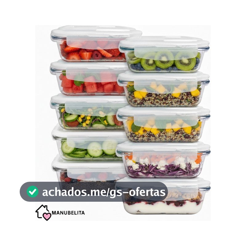 Conjunto de 10 / 6 / 4 Potes de Vidros 640ml Hermeticos para Marmitas Fitness com 4 Travas Forno microondas Airfryer