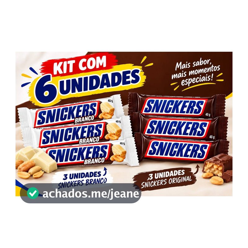 Kit Com 3 Chocolates Snickers Original De 40g e 3 Chocolates Snickers Branco De 40g