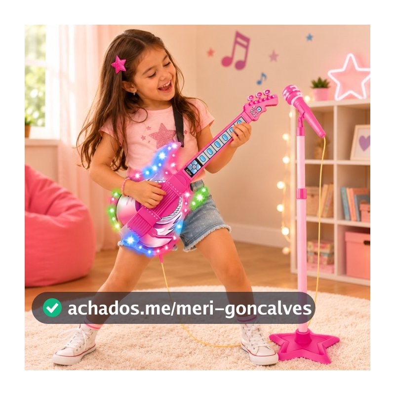 Brinquedo Guitarra Musical Com Luz e Som Microfone Pedestal Infantil Para Crianças - Castela