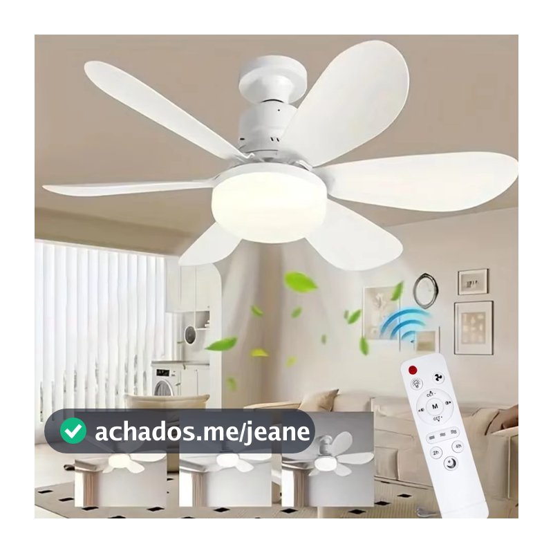 Ventilador de Teto 80W Lâmpada 3 Cores E27 Silencioso Bivolt 2 em 1 Controle Remoto PREMIUM Branco