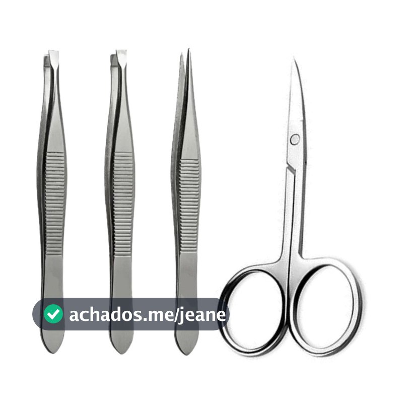 Pinças Profissional (Reta + Chanfrada + Ponta Agulha) + Tesoura Tesourinha Sobrancelhas