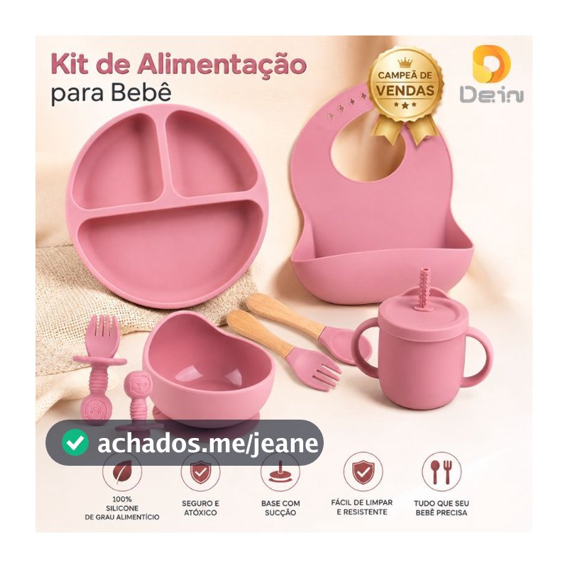 Kit de Alimentação para Bebê de Silicone 8 e 6 Peças Infantil Ventosa Canudo Colher Babador Garfo
