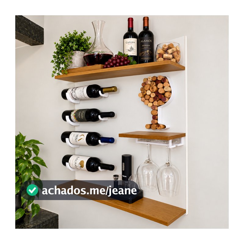Adega de Parede Wine Bar Painel 60x90 + 4 Suportes Garrafa + Suporte Taças + Porta Rolhas Decorativa