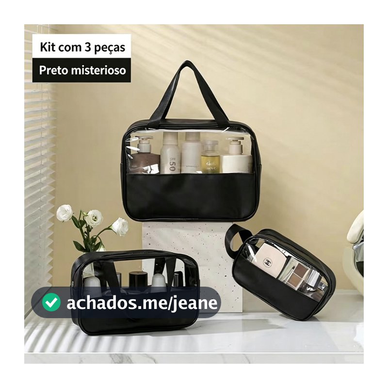 Conjunto 3 Peças Bolsa Maquiagem Necessaire PVC Transparente Impermeável À Prova D'água
