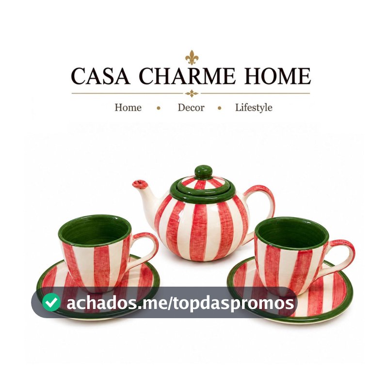 Kit Chá de Cerâmica Pintada à Mão Chaleira 600ml com 2 Xícaras 180ml e Pires Natal