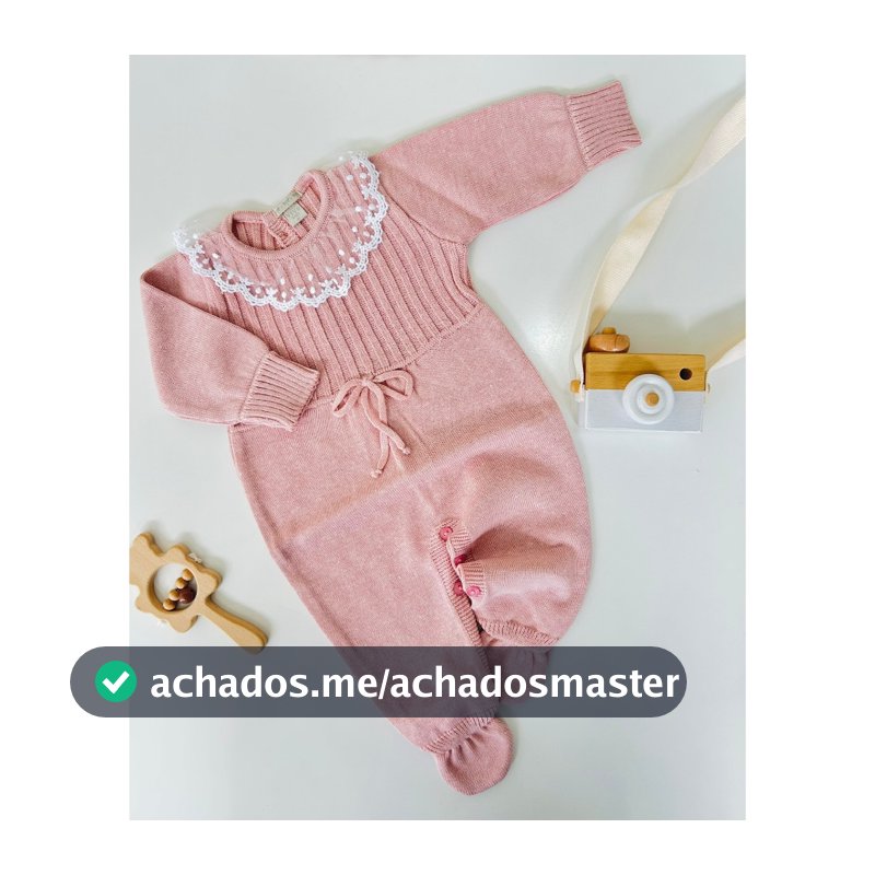 Macacão para Bebê Tricot Roupa Infantil Menina Saída Maternidade Gola Tule Bordado Rendado