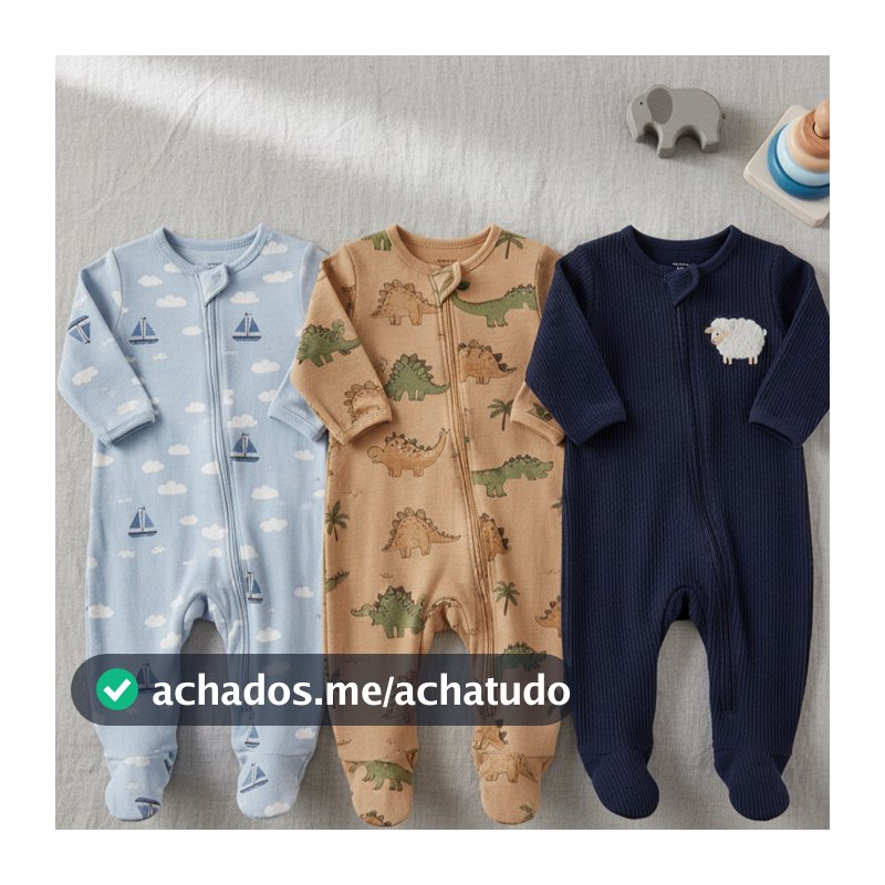 Kit com 3 macacões bebês | 100% Algodão | RN ao G | | Macacão| Sortido Menina, Menino e Unissex