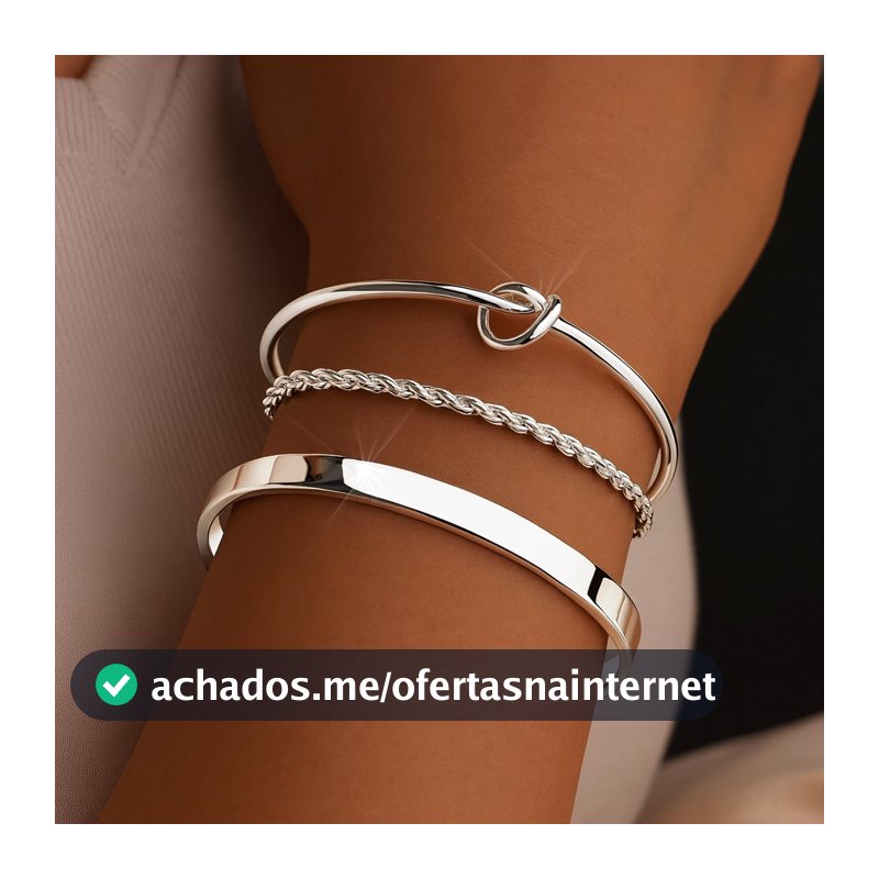 Kit 3 pulseiras femininas em prata 925: pulseira com nó de coração + pulseira brilhante + pulseira de corda torcida