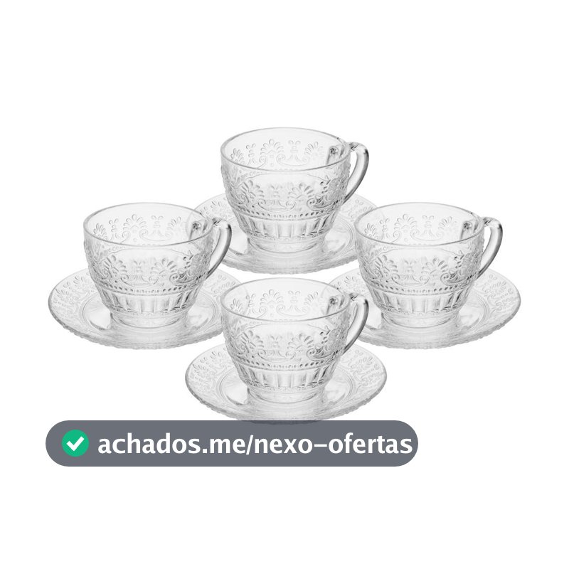 Jogo 4 Xícaras de Chá com Pires Wolff Mauve 220ml Cristal Elegante para Servir Chás e Cafés na Mesa Posta Muito Elegante
