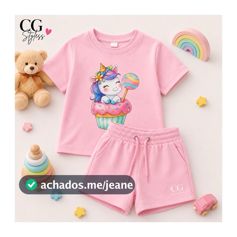 Conjunto Infantil Feminino Camiseta e Short Moletinho ROSA Unicórnio | Roupa Menina Confortável Casual 2 ao 16