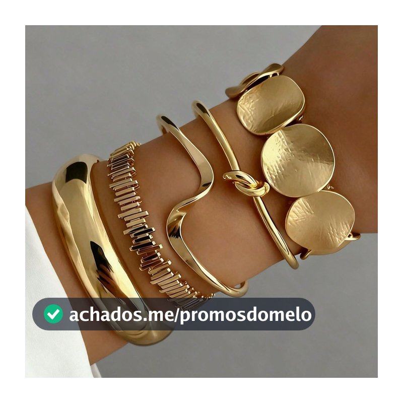 Conjunto de 5 pulseiras douradas. Um acessório feminino elegante, perfeito para festas.