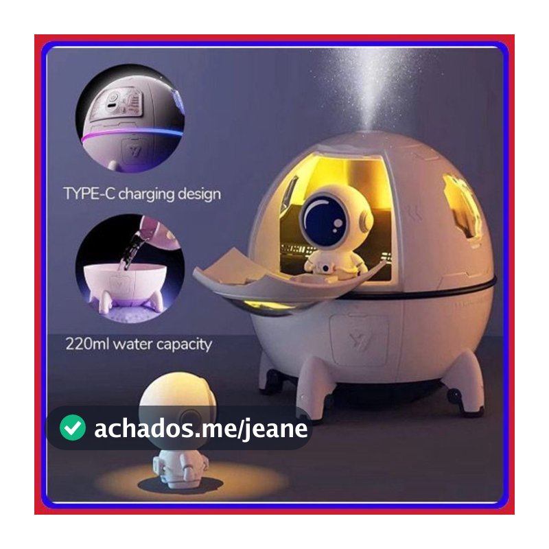 Umidificador de Ar Astronauta 220ml Luz LED Colorida Pulverizador De Névoa USB