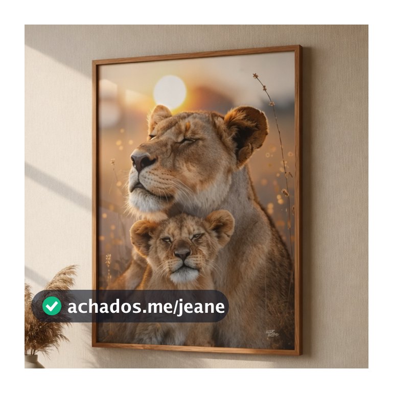 Quadro Decorativo Leoa e Filhote 90x60 cm Vidro Moldura Madeira Luxo Sala Animais Qualidade
