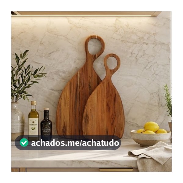 Kit Tábua de Corte Royal Com Cabo Decorar Cozinha Servir e Cortar P e M - Madeira Nobre Premium