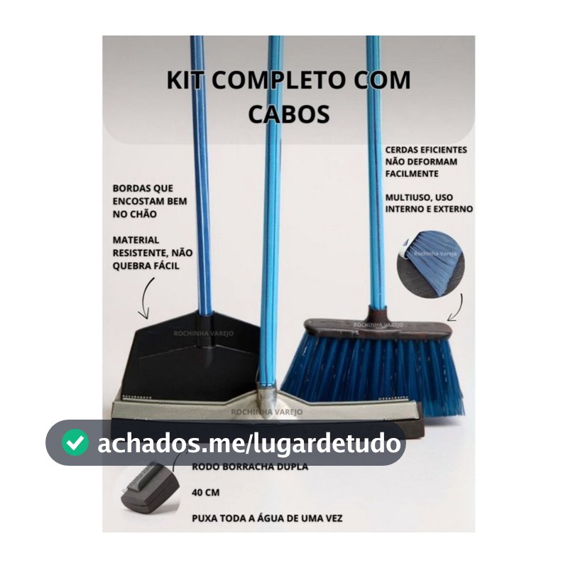 Kit Limpeza Completo Vassoura com Cabo Rodo Duplo 40cm com Cabo e Pá de Lixo com Cabo