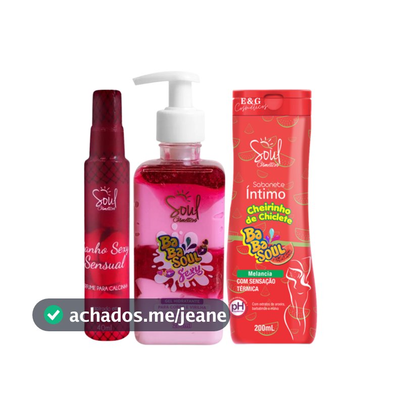 Kit Perfume de Calcinha Sensual + Creme para Virilha Gel Babasoul + Sabonete Íntimo Melancia Soul
