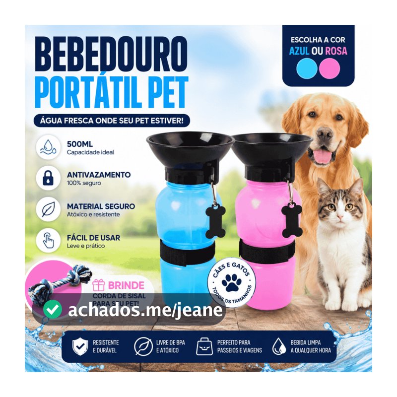 Bebedouro Portátil Pet 500ml Antivazamento | Garrafa de Água para Cães e Gatos + Brinquedo de Corda Brinde