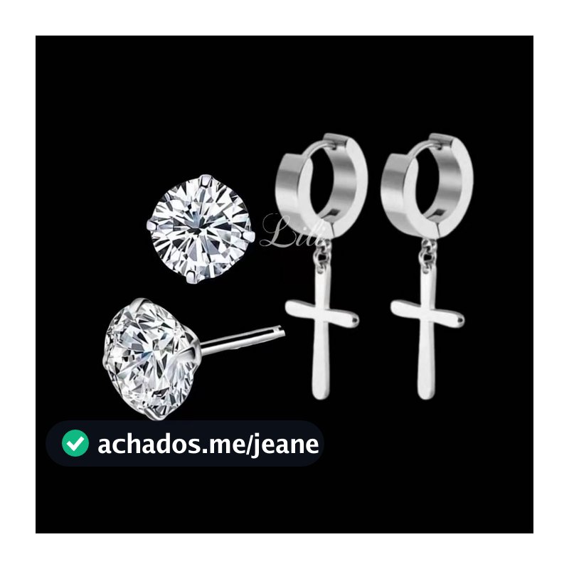 Kit 2 pares Brinco Brilhante De Zirconia 6mm e Brinco Cruz Prata Masculino e Feminino