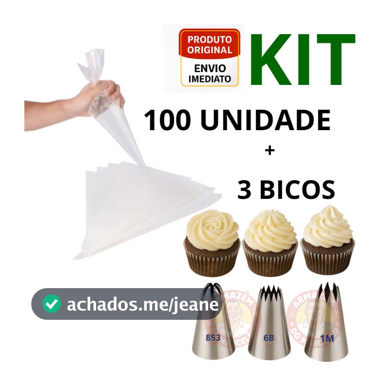 Saco De Confeitar Medio 100 Unidades Confeitaria Bolo Doce Cupcake + Kit 3 Bicos
