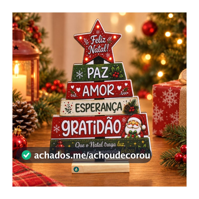Árvore de Natal MDF Decoração Natalina Mesa Enfeite Decorativo Papai Noel Feliz Natal Base 24x17 cm
