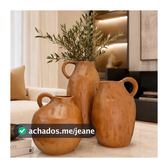 Trio Vasos Decorativos Cerâmica Amadeirado Vaso Pemium Grande Médio Pequeno Sala Mesa Rack Aparador