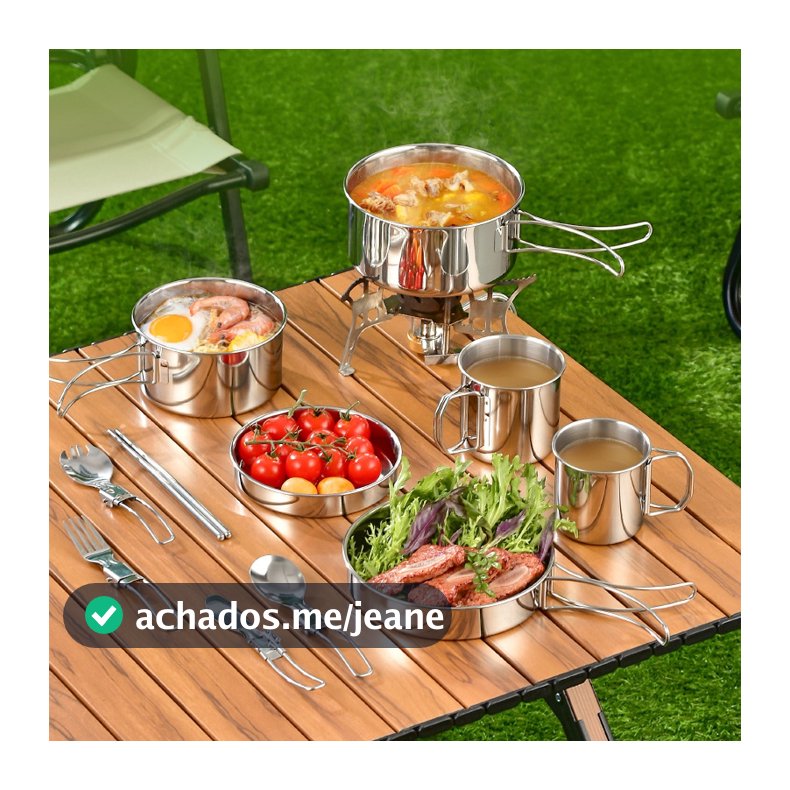 Kit de Panelas Aço Inox Compacto-Portátil para Camping Trekking E Pesca Completo com Canecas