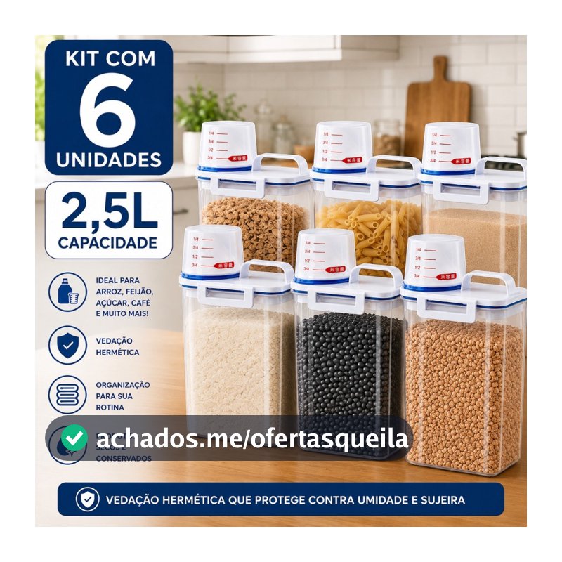 Kit 6 Potes Herméticos 2,5L Para Mantimentos com Copo Medidor e Bico Dosador Organizador de Cozinha e Despensa