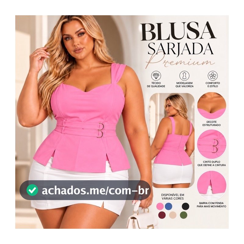 Blusa Feminina Sarjada Premium Peplum com Cinto Duplo Decote Coração Elegante Moda Plus Size