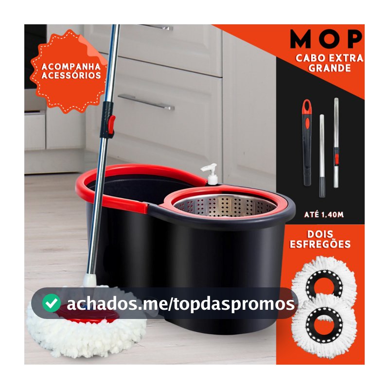 Mop Giratório 360 Cabo 140cm Balde Centrífuga Cesto Inox 14L 2 Refis Microfibra Esfregão Spin
