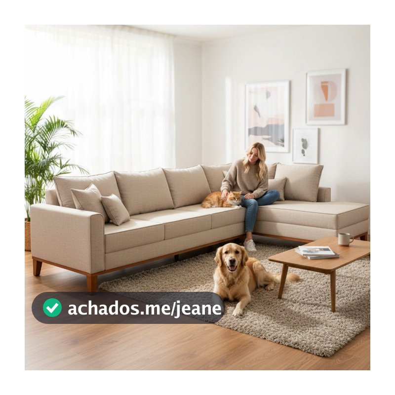 Sofá 4 Lugares Beny com Chaise Direito Linho Bege