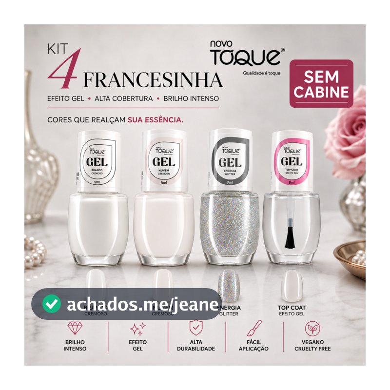 Novo Toque Kit 4 Esmaltes Francesinha Efeito Gel Glitter E Top Coat