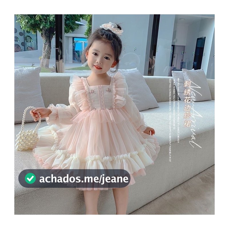 Vestido Longo de Princesa para Meninas Manga Longa de Tule Floral Elegante Festa de Aniversário