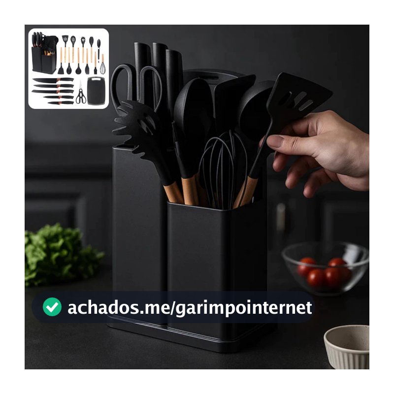 Kit 19 Peças Jogo de Utensílios Para Cozinha em Silicone Com Cabo de Madeira Completo