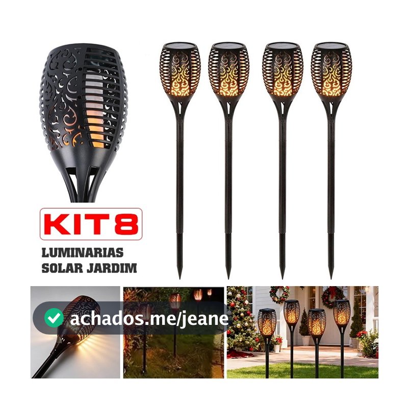 Kit 8 Luminaria Solar Espeto de Jardim Balizador Tocha Efeito Decoração Luz Para Áreas Externas