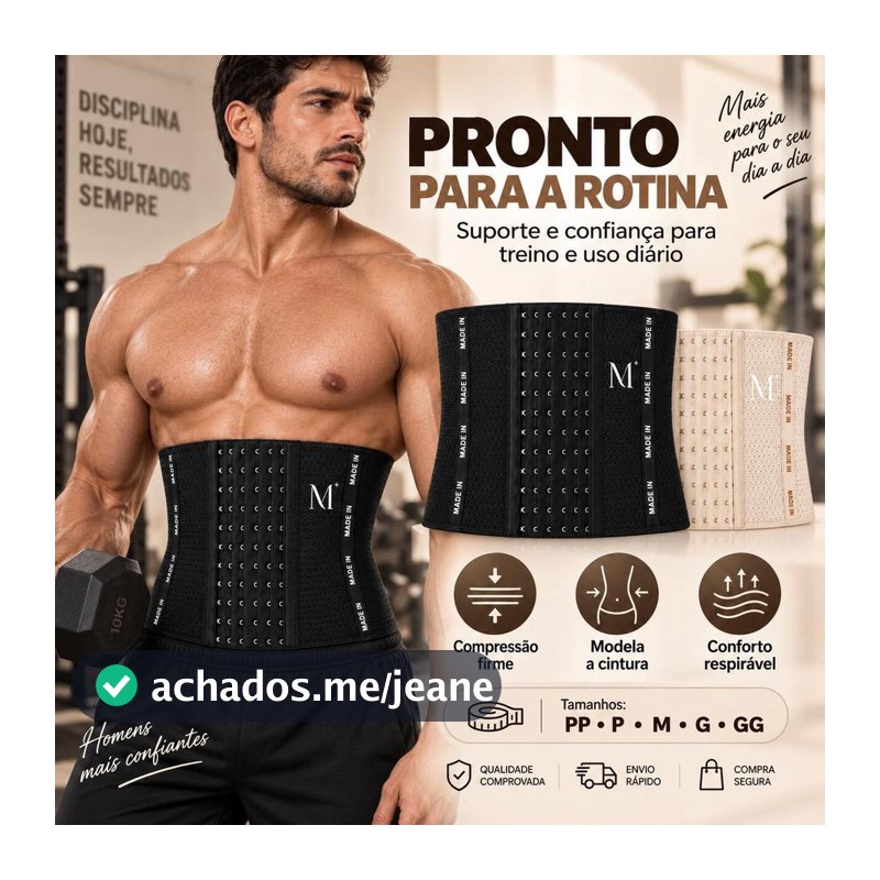 Cinta Modeladora Masculina Abdominal com 6 Fileiras – Compressão Ajustável e Respirável, PP ao GG, Preta/Bege