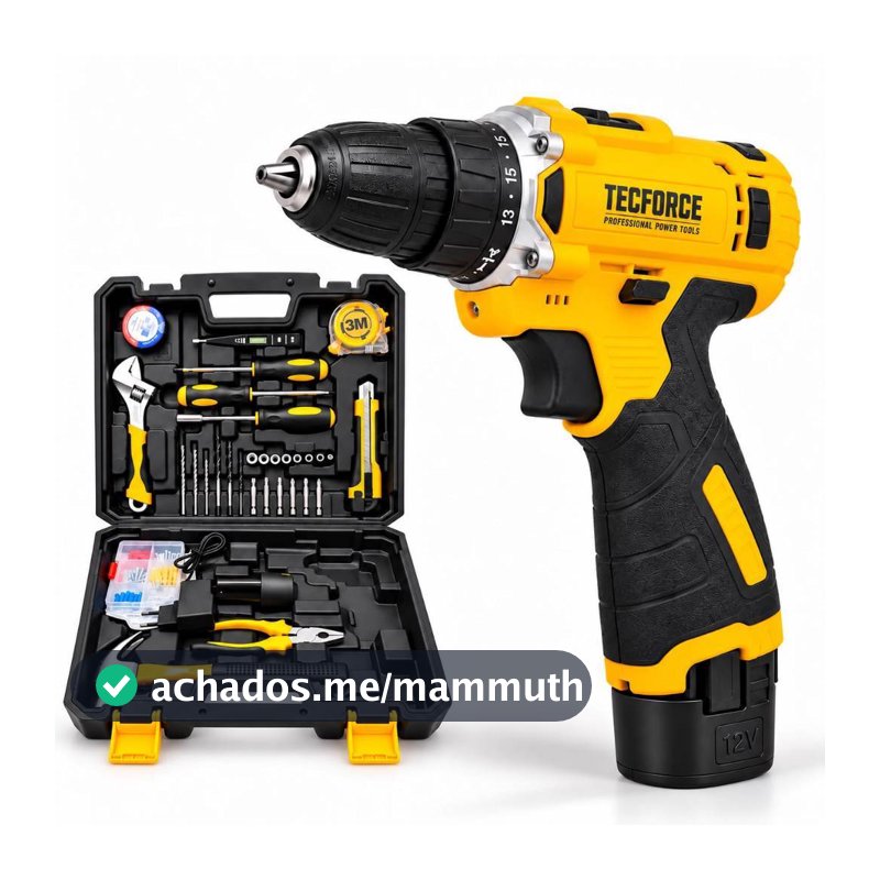 Parafusadeira Furadeira Sem Fio TecForce 12V com 2 Baterias, Maleta e Kit de Ferramentas