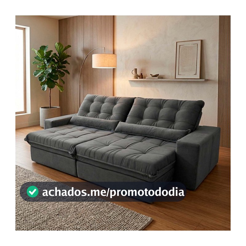 Sofá Retrátil Reclinável Zurique 2,50m Suede Velut Cinza  Molas no Assento - King House