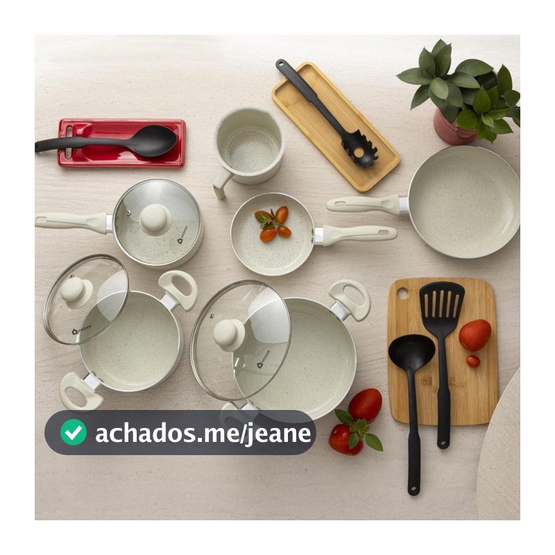 Jogo de Panelas Haushop 10 Peças Cerâmico Marmorizado com Tampas e Utensílios, compatível fogão Indução, gás, elétrico