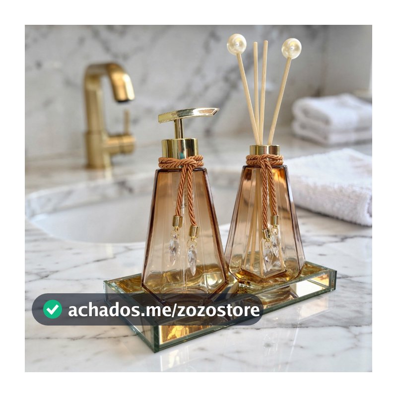 Kit Aromatizador Difusor de Varetas e Saboneteira Vidro 300ml Lavabo Luxo Completo Oferta