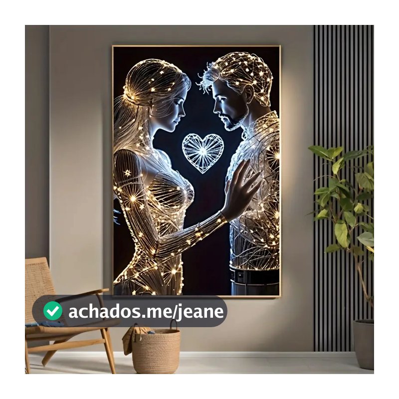 Quadro Decorativo Casal Conectado Amor Luz Coração Moderno Romântico para Sala ou Quarto