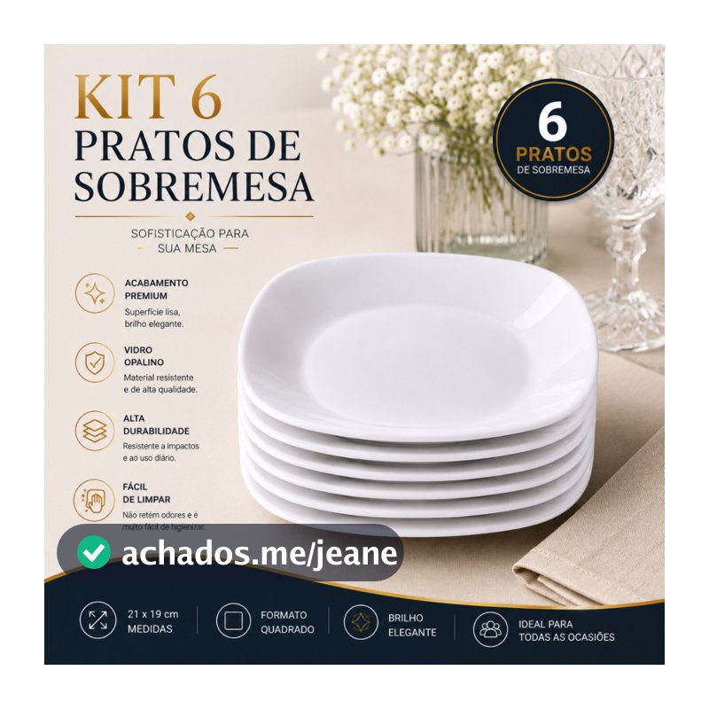 Jogo 6 Pratos Sobremesa Quadrado Opaline Vidro Branco 21cm Resistente Mesa Posta Elegante Luxo