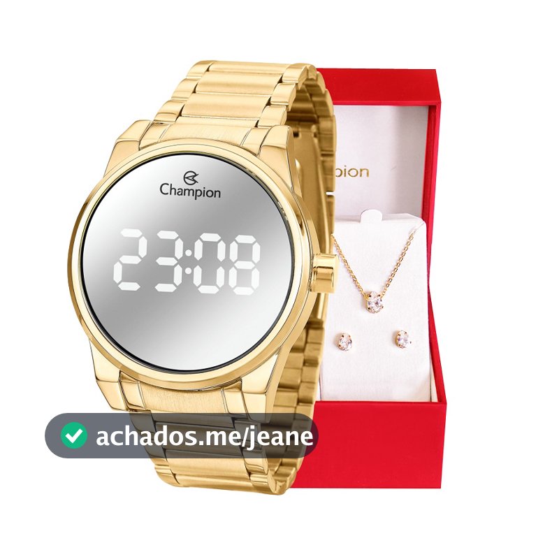 Relógio digital feminino Champion Espelhado Dourado Original + Conjunto Colar e Brincos CH40124B