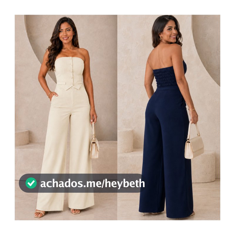 Conjunto Alfaiataria Cropped Tomara que Caia Social Elegante Calça Pantalona Blusa Elástico Lastex Botão Verão Feminino