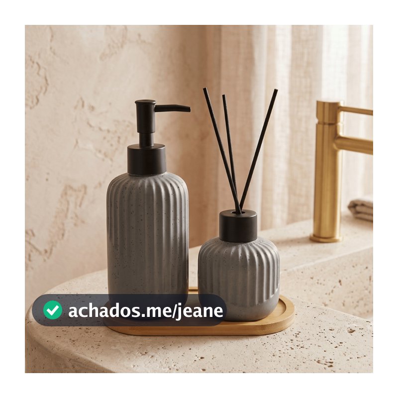 Kit Banheiro Cerâmica Cinza Dispenser Sabonete Líquido Difusor Aromas Aromatizador Varetas Bandeja Bambu Luxo 6,5x18cm