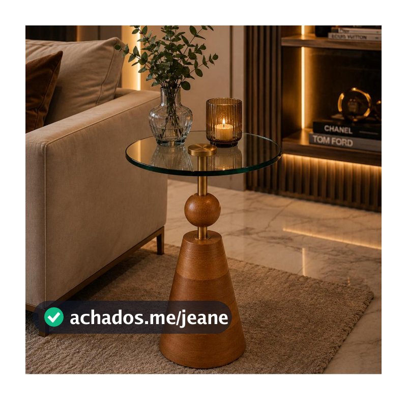 Mesa Lateral Elegante Vidro Temperado e Madeira Maciça