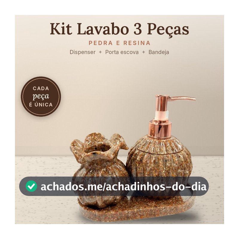 Kit Lavabo 3 Pecas Pedra e Resina Marrom Dispenser Sabonete Liquido Porta Escova e Bandeja Banheiro